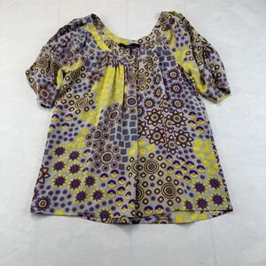 Ya-Da 100% Silk Boho Peasant Blouse Women's Small Geometric Print Puff Sleeve